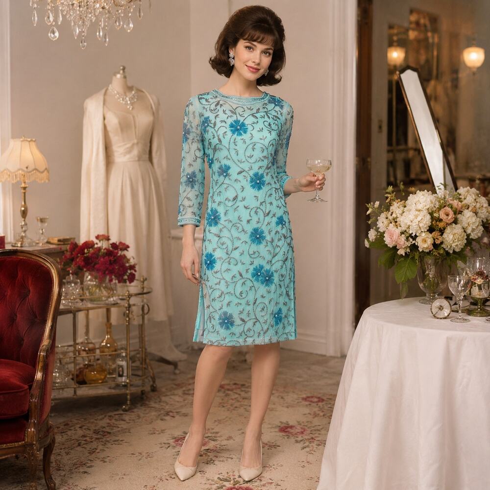 60s Beaded Rhinestone Tunic Top Aqua Blue Cocktail Overlay Project Piece - XS